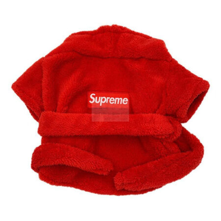Red plush dog bathrobe with Supreme box logo on back panel and hood