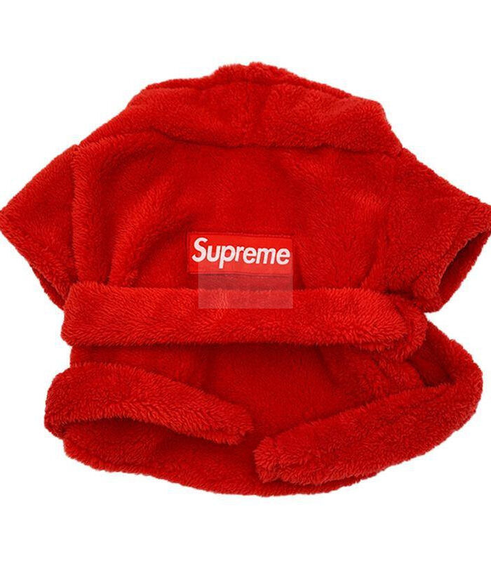 Red plush dog bathrobe with Supreme box logo on back panel and hood