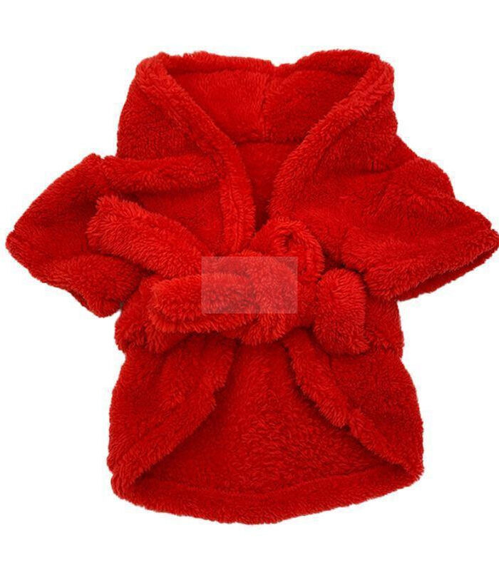 Red hooded dog bathrobe Supreme style with tie closure and terry cloth material