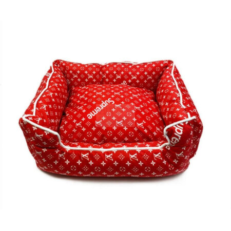 Red monogram dog bed with Supreme and Louis Vuitton inspired design removable cushion