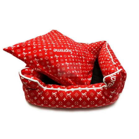 Red V monogram pattern dog bed with Pupreme logo interior cushion streetwear style