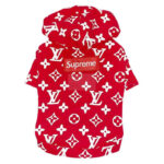 Red Supreme box logo hoodie with Louis Vuitton monogram print for dogs