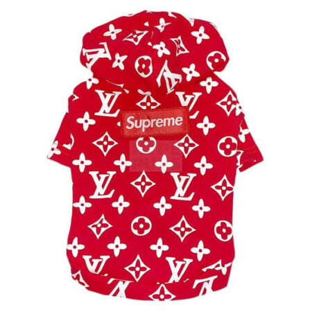 Red Supreme box logo hoodie with Louis Vuitton monogram print for dogs