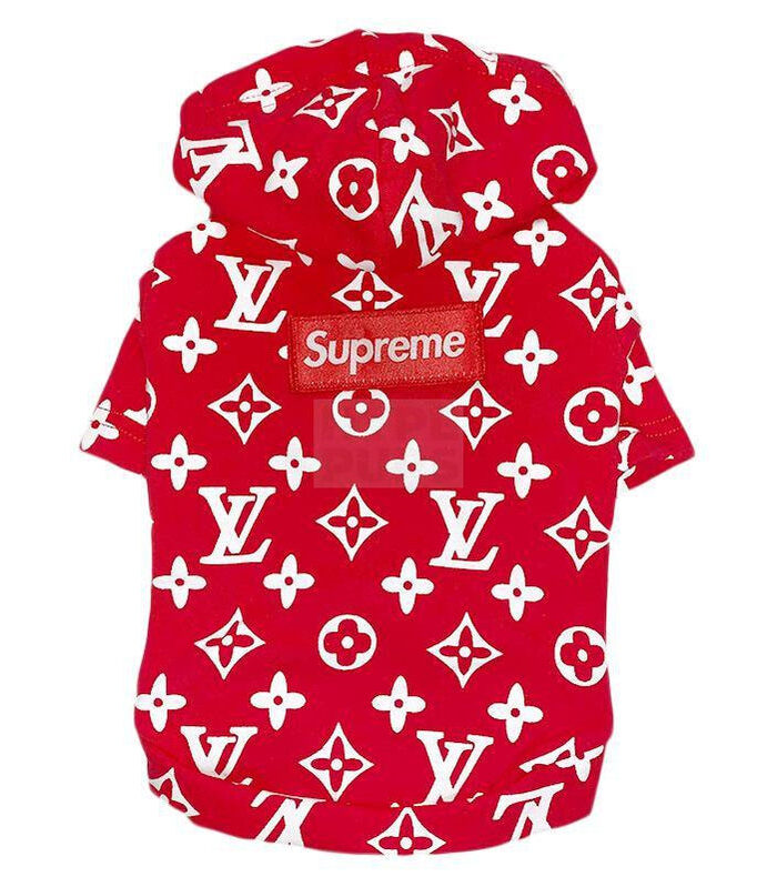 Red Supreme box logo hoodie with Louis Vuitton monogram print for dogs