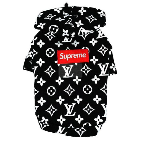 Black Supreme box logo hoodie with LV monogram pattern on white background