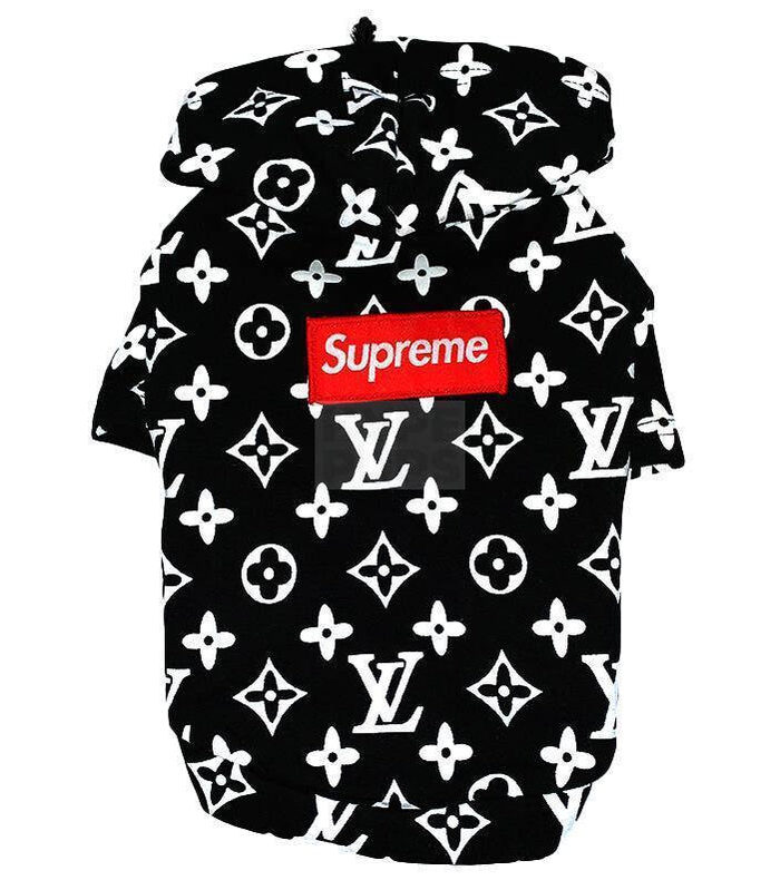 Black Supreme box logo hoodie with LV monogram pattern on white background