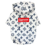 White Supreme box logo hoodie with navy LV monogram print for small dogs