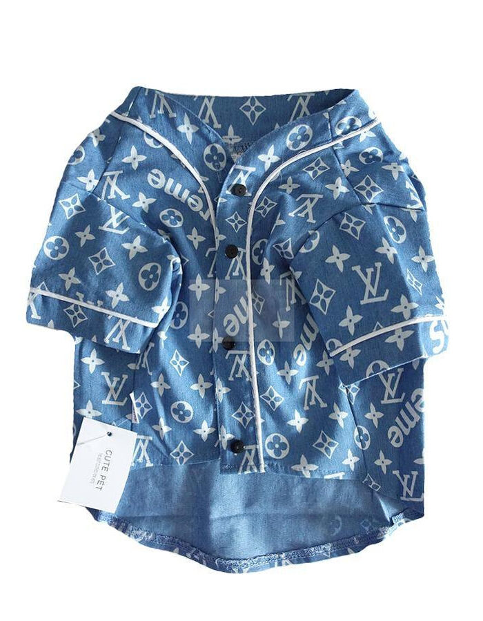 Blue denim dog shirt with Louis Vuitton monogram print Supreme collaboration style