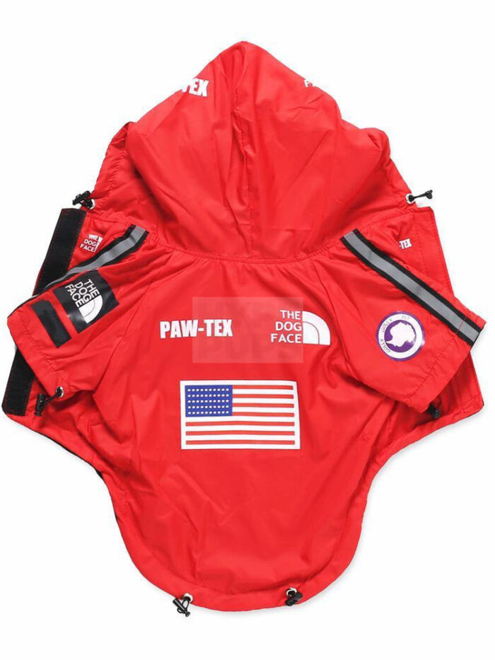 Red technical dog windbreaker Supreme North Face style with Paw-Tex patches and American flag detail