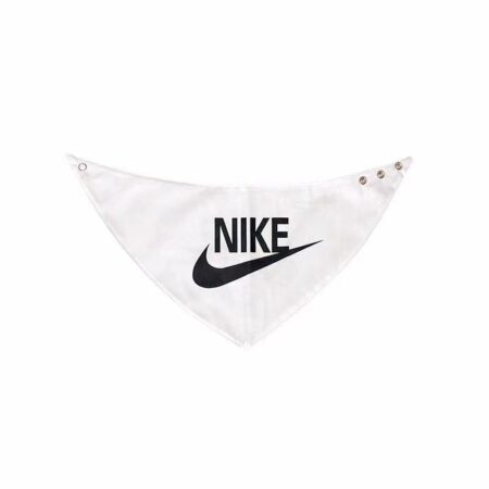 White dog bandana with black Nike swoosh logo and snap closures
