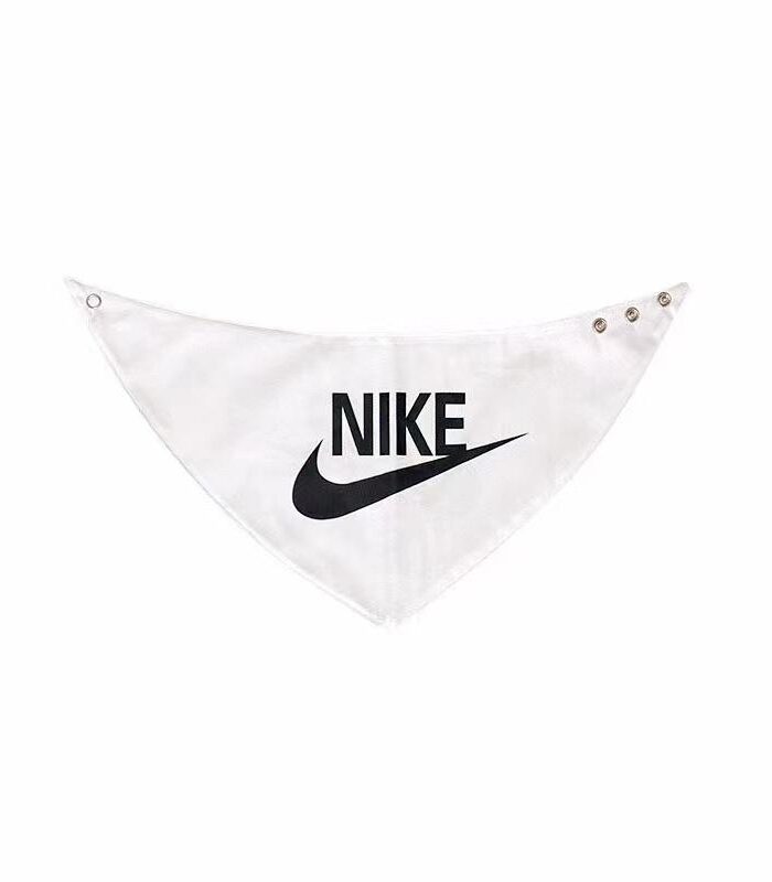 White dog bandana with black Nike swoosh logo and snap closures