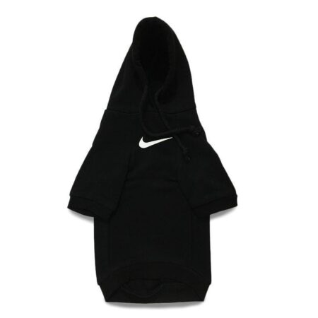 Black dog hoodie with white Nike swoosh logo on chest athletic style