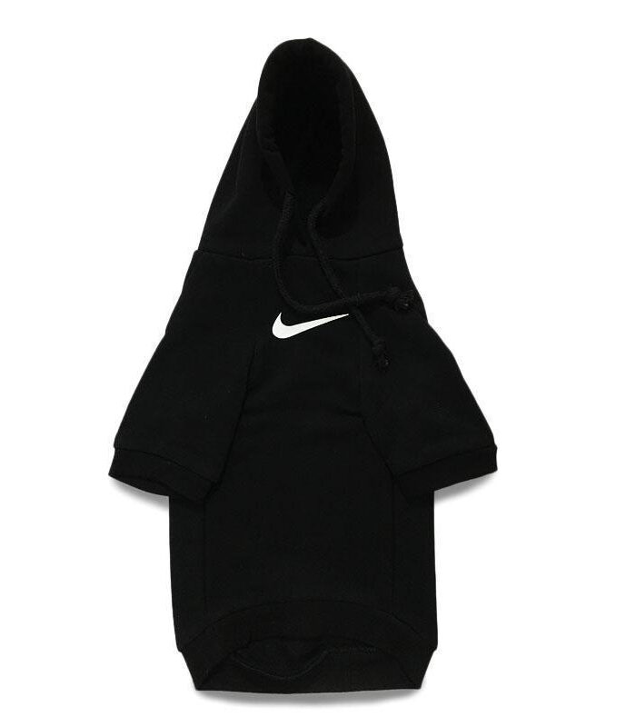 Black dog hoodie with white Nike swoosh logo on chest athletic style