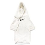White dog hoodie with black Nike swoosh logo sporty design