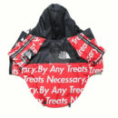 Red TDF windbreaker with By Any Treats Necessary text print North Face inspired