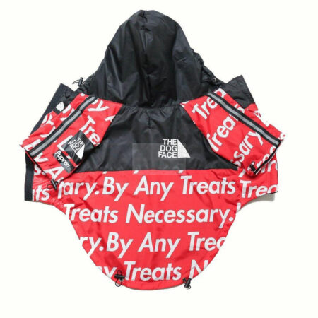 Red TDF windbreaker with By Any Treats Necessary text print North Face inspired