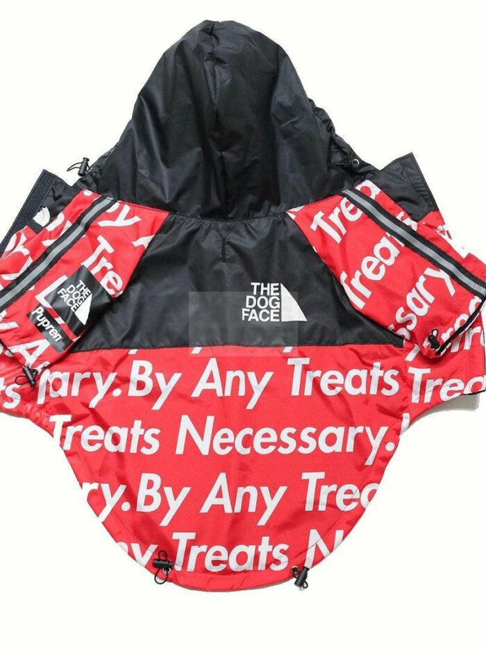 Red TDF windbreaker with By Any Treats Necessary text print North Face inspired