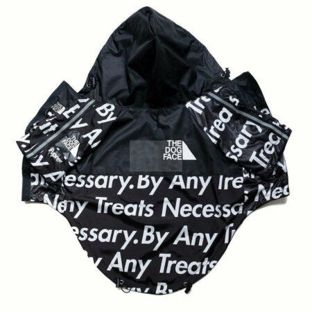 Black TDF windbreaker with repeated text print and triangle logo on chest