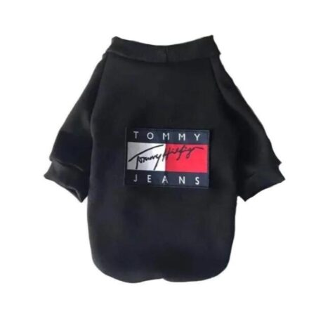 Black cotton dog hoodie with Tommy Hilfiger inspired flag logo on chest