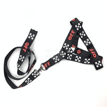 Black dog harness and leash set with white Off-White arrow logos and red OFF text