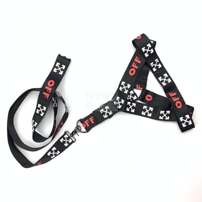 Black dog harness and leash set with white Off-White arrow logos and red OFF text
