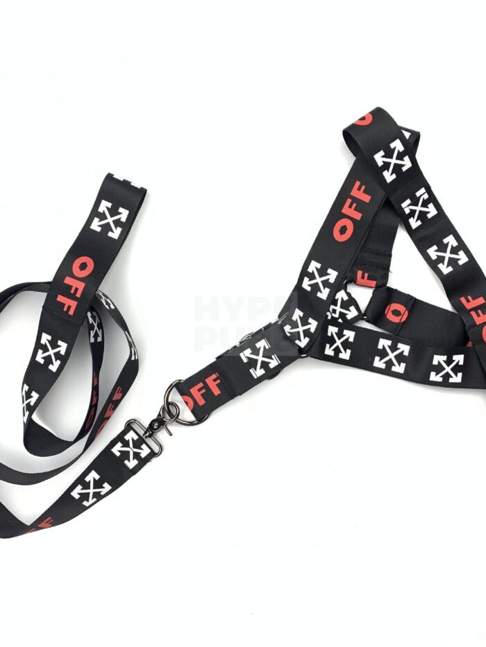 Black dog harness and leash set with white Off-White arrow logos and red OFF text