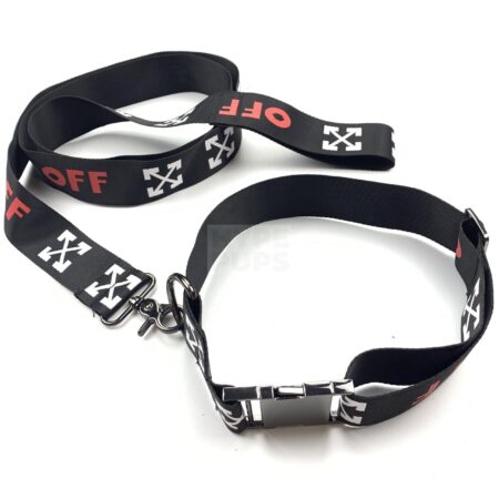 Black nylon dog collar and leash with white directional arrows Off-White inspired design