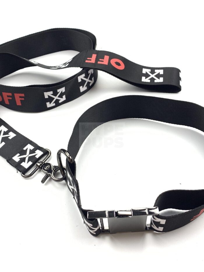 Black nylon dog collar and leash with white directional arrows Off-White inspired design