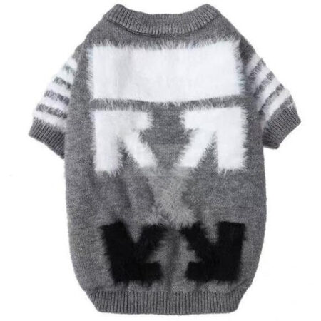 Back view grey dog sweater with white arrow design and striped sleeves Off-White style