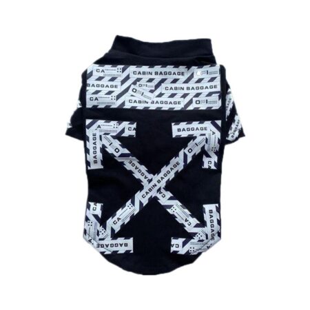 Black dog tee with white cabin baggage tape graphic pattern inspired by Off-White