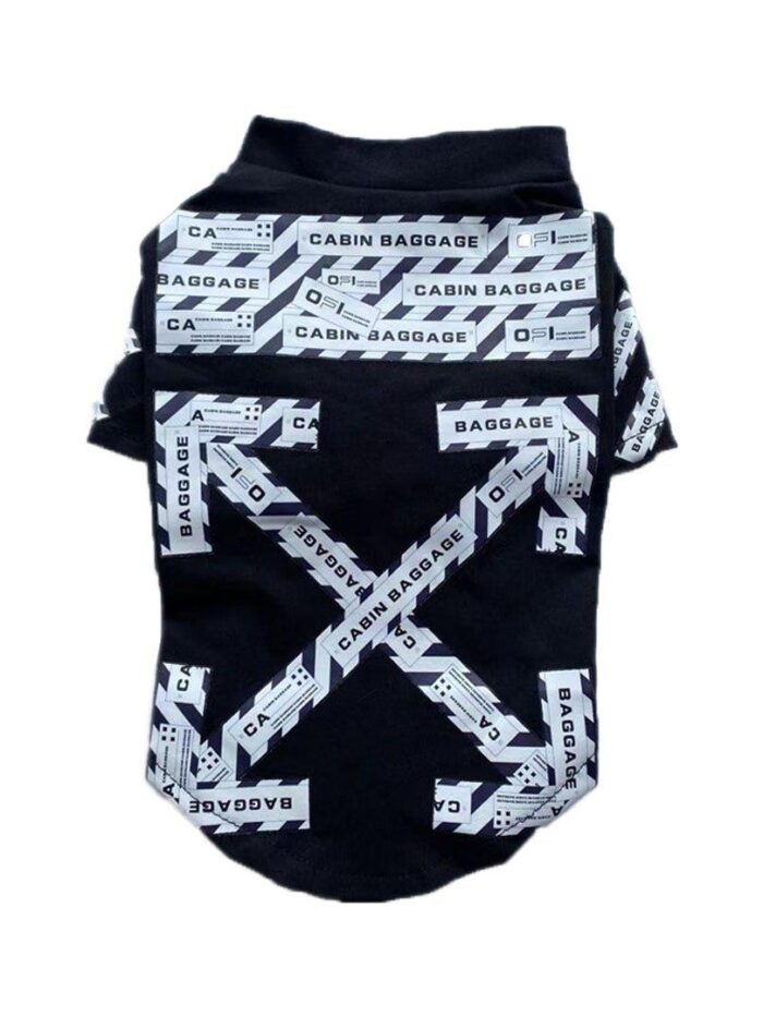 Black dog tee with white cabin baggage tape graphic pattern inspired by Off-White