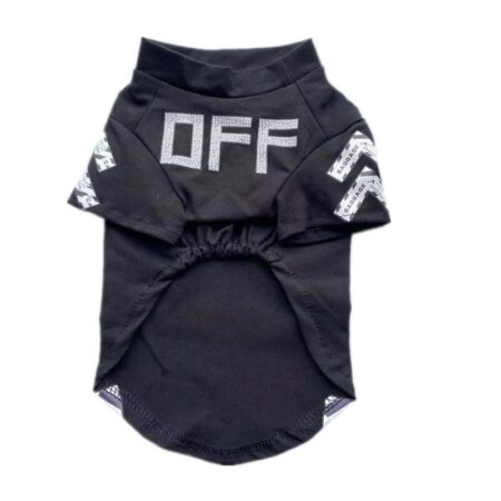 Black dog tee with OFF typography and white industrial stripe details
