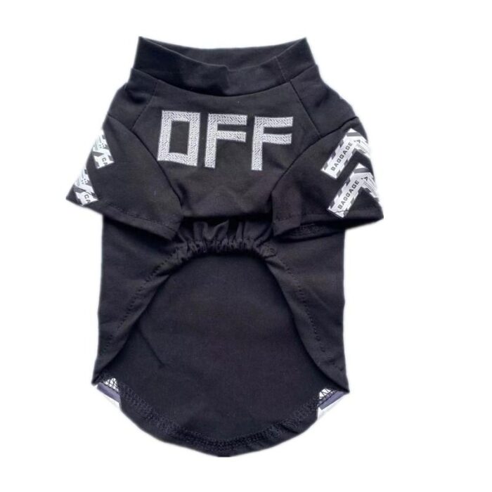 Black dog tee with OFF typography and white industrial stripe details