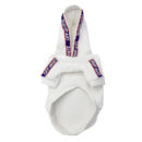 White dog hoodie with blue red striped tape trim Off-White inspired on white background