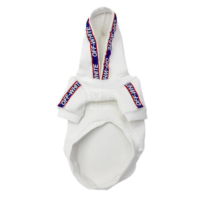 White dog hoodie with blue red striped tape trim Off-White inspired on white background