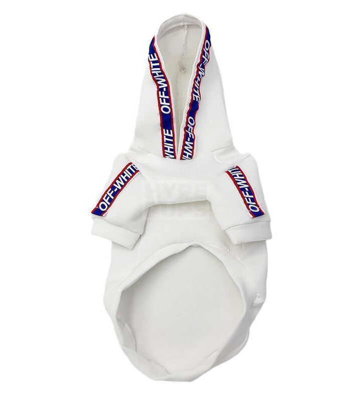 White dog hoodie with blue red striped tape trim Off-White inspired on white background