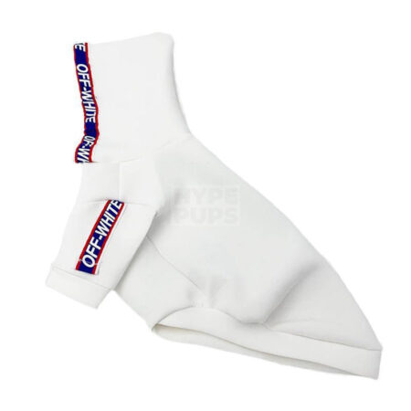 Flat lay white hoodie blue red tape detailing Off-White style for dogs