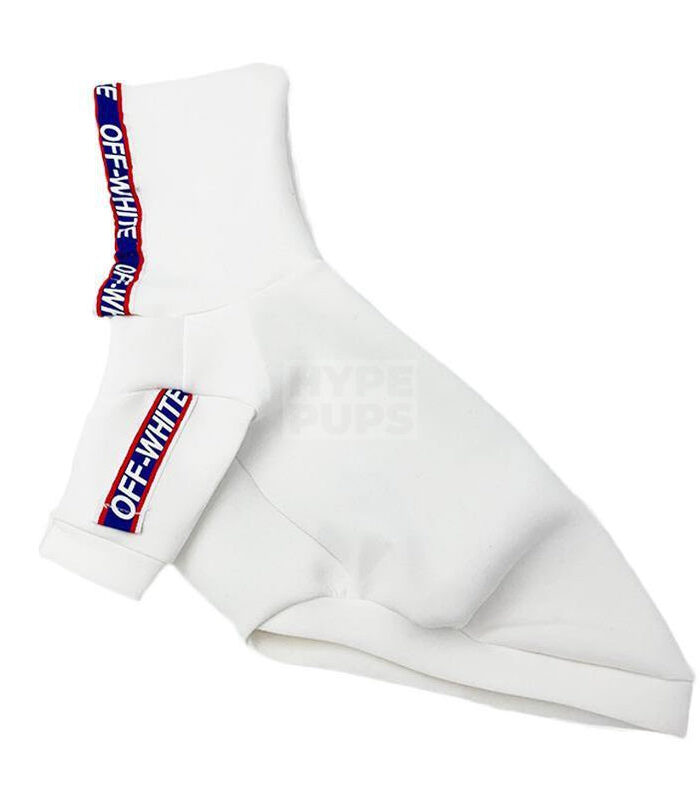 Flat lay white hoodie blue red tape detailing Off-White style for dogs