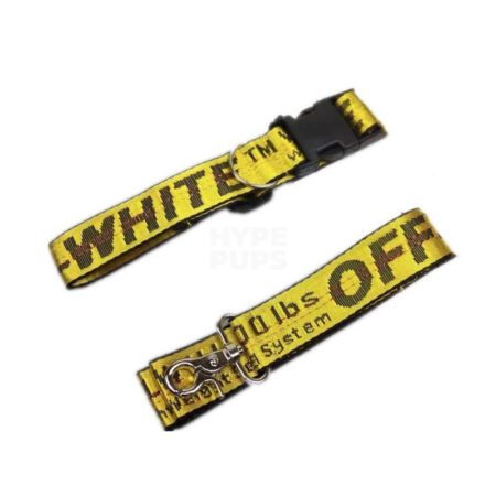 Yellow industrial dog collar and leash set Off-White inspired with bold text graphics