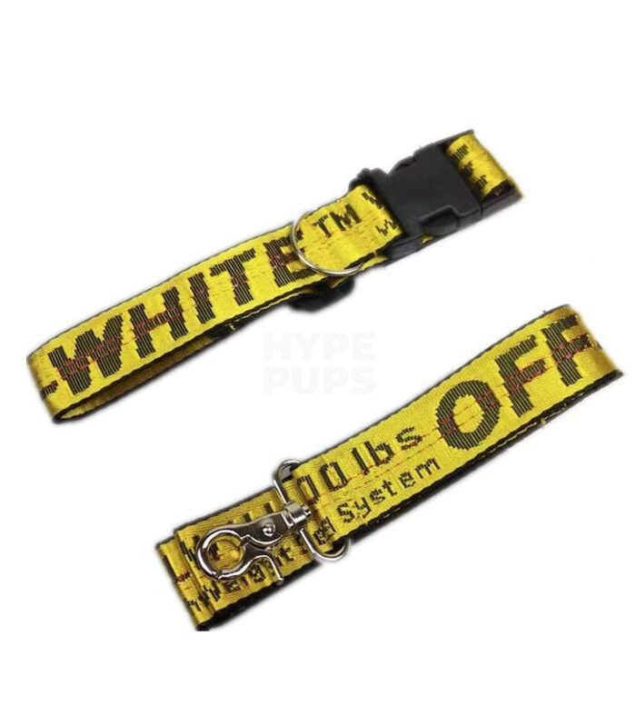 Yellow industrial dog collar and leash set Off-White inspired with bold text graphics