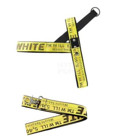 Yellow industrial tape dog harness and leash set with OFF-WHITE text inspired by Off-White streetwear