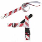 Red and white diagonal striped dog harness and leash set Off-White inspired industrial design