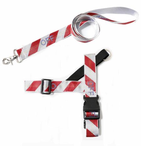 Red and white diagonal striped dog harness and leash set Off-White inspired industrial design