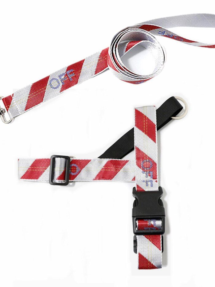 Red and white diagonal striped dog harness and leash set Off-White inspired industrial design