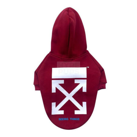 Burgundy dog hoodie with white arrow graphics Off-White inspired Seeing Things text