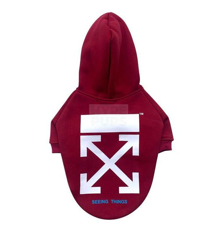 Burgundy dog hoodie with white arrow graphics Off-White inspired Seeing Things text