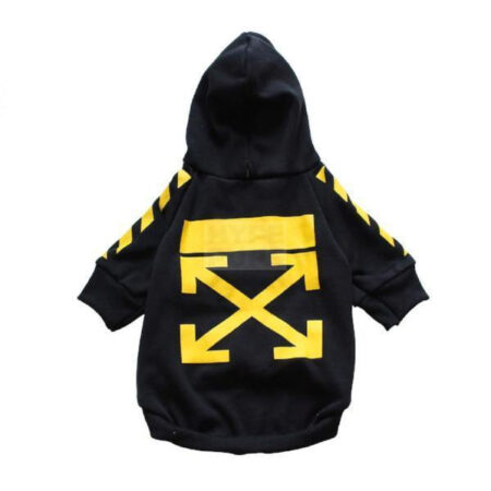 Black dog hoodie with yellow arrow graphics on back Off-White inspired streetwear design