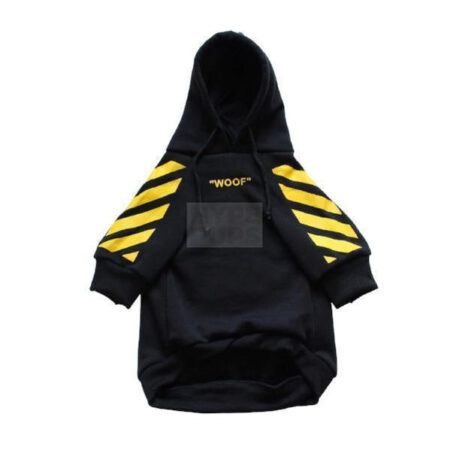 Black Off-White style dog hoodie with WOOF text and yellow diagonal sleeve stripes
