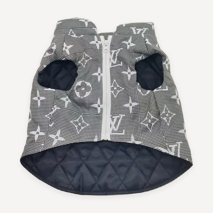 Denim Blue Monogram Hooded dog jacket inspired by Louis Vuitton view 2