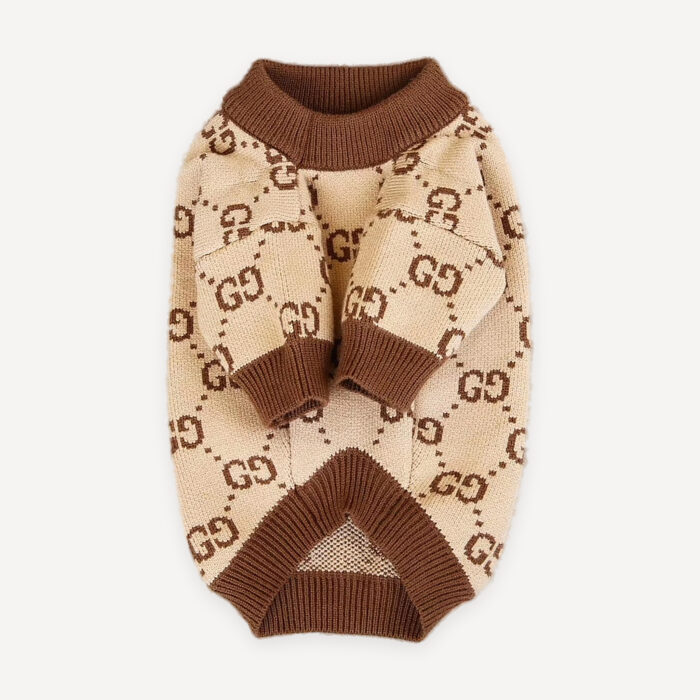 Tan Monogram Knit dog sweater inspired by Gucci